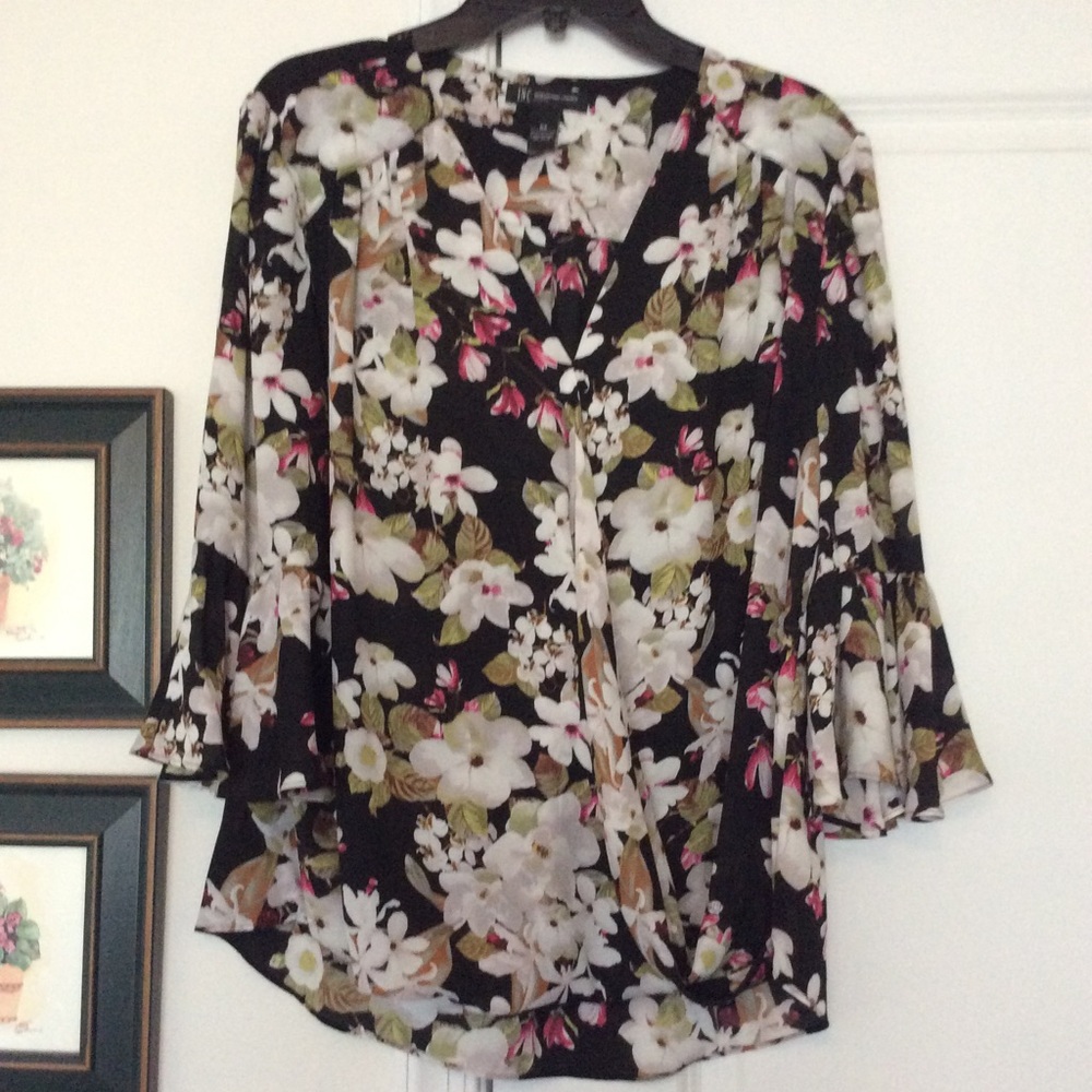INC Surplice Printed Blouse With 3/4 Ruffle Sleeve